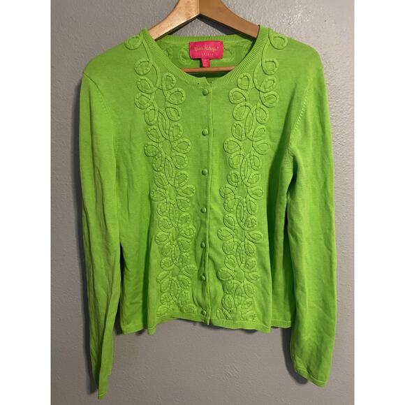 Lilly Pulitzer Sweater Womens XL Green Jubilee Cardigan Floral Applique READ - Picture 1 of 9